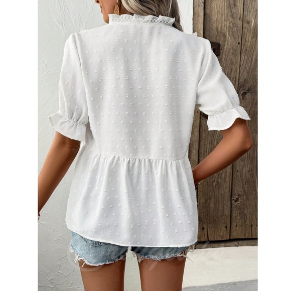 White Swiss Dot Babydoll V-Neck Short Puff Sleeve Top Shirt Frill Ruffle Trim - Picture 4 of 9